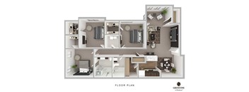 A floor plan of a Greystone apartment shows a living room, two bedrooms, a kitchen, and a bathroom.