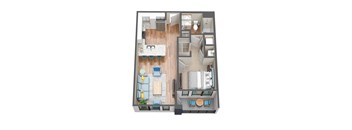 A top down view of a living room, kitchen, and bedroom in a house.