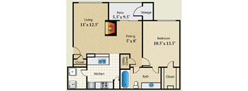 A floor plan of a house with a living room, dining room, kitchen, bedroom, bathroom, utility closet, and storage area.