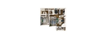 A 3D floor plan of a small apartment with a kitchen, living room, and bathroom.