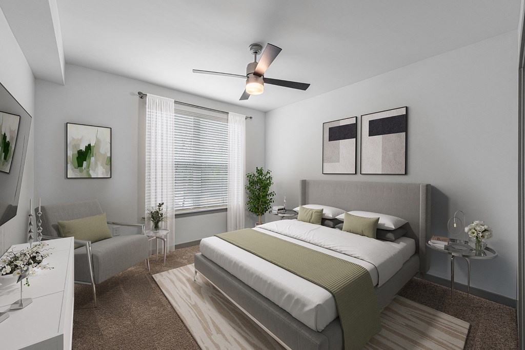 a rendering of a bedroom with a bed and a couch