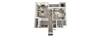 a 3d floor plan of a bedroom with a bathroom and a living room