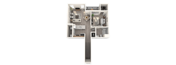 a 3d rendering of a floor plan with a bedroom and a living room