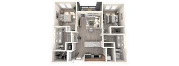 a 3d rendering of a floor plan with a bedroom and a living room