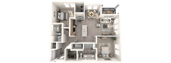 a 3d floor plan of a bedroom with a bathroom and a living room