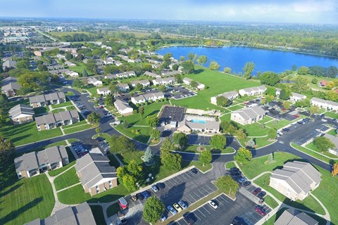 arial view of a neighborhood with nearby Haithco Park and lake