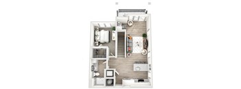 a stylized floor plan of a 1 bedroom apartment