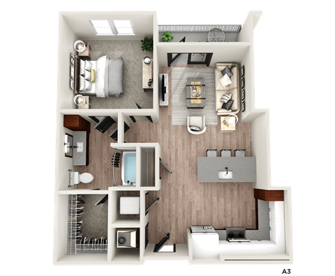 a 3d floor plan of a bedroom with a bathroom