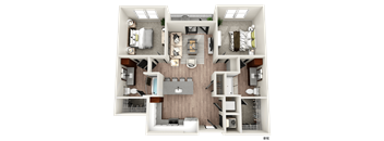 a 3d rendering of a floor plan with a bedroom and a bathroom