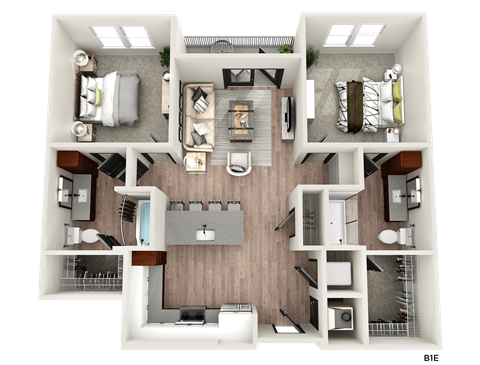 a 3d rendering of a floor plan with a bedroom and a bathroom