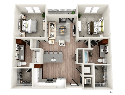 a 3d floor plan of a room with a bedroom and a bathroom