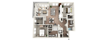 a 3d floor plan of a bedroom with a bathroom and a living room