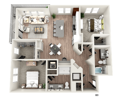 a 3d floor plan of a bedroom with a bathroom and a living room
