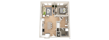 a 3d rendering of a bedroom floor plan with a bathroom and a living room