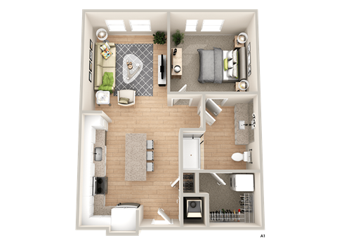 a 3d rendering of a bedroom floor plan with a bathroom and a living room