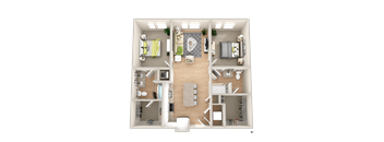 a 3d floor plan of a bedroom with a bathroom and a living room