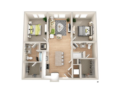 a 3d floor plan of a bedroom with a bathroom and a living room