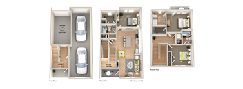 3d floor plan of a house with bedrooms and a garage