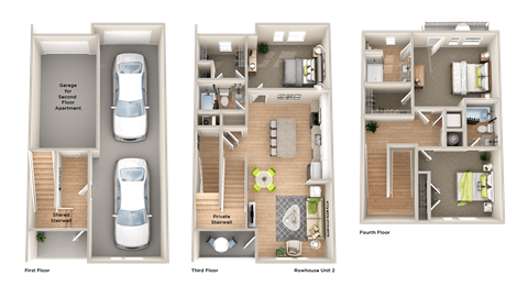 3d floor plan of a house with bedrooms and a garage