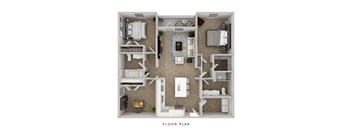 A floor plan of a small apartment with a kitchen, living room, and bathroom.