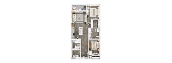 A floor plan of a two-bedroom apartment with a living room, kitchen, and bathroom.