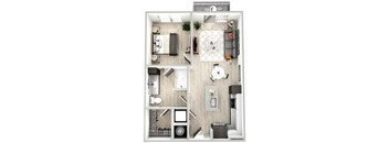 an overhead view of a bedroom with a bathroom and a living room