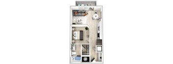 a bedroom floor plan with a bathroom and a living room