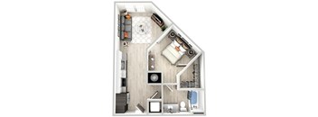 a stylized floor plan of a bedroom with a bed and a closet