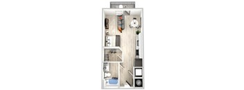 a stylized floor plan of a small apartment