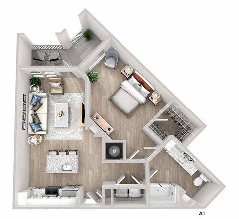 A top-down view of a small apartment layout with labeled areas A1 and A2.