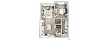 A 3D floor plan of a small apartment with a living room, kitchen, bedroom, and bathroom.