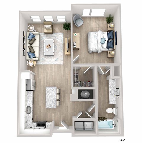 A 3D floor plan of a small apartment with a living room, kitchen, bedroom, and bathroom.