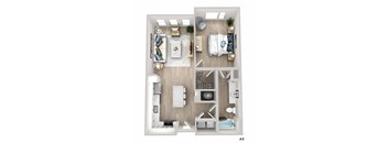A3 floor plan of a small apartment with a bedroom, living room, kitchen, and bathroom.