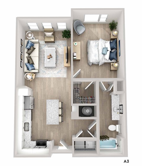 A3 floor plan of a small apartment with a bedroom, living room, kitchen, and bathroom.