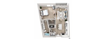 A4 floor plan of a small apartment with a kitchen, living room, and bedroom.