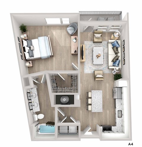 A4 floor plan of a small apartment with a kitchen, living room, and bedroom.