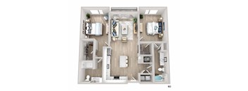 A top-down view of a modern apartment layout with a living room, kitchen, and two bedrooms.