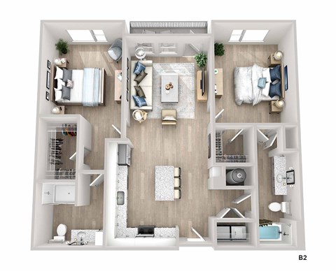 A top-down view of a modern apartment layout with a living room, kitchen, and two bedrooms.