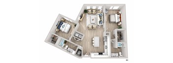 A top-down view of a modern apartment layout with a living room, dining area, kitchen, and bedrooms.