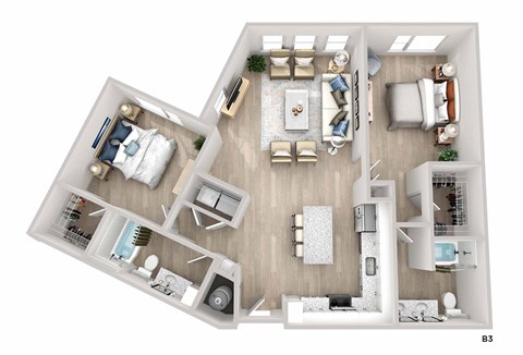 A top-down view of a modern apartment layout with a living room, dining area, kitchen, and bedrooms.