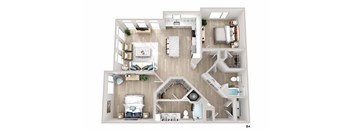 A top-down view of a modern apartment layout with a living room, kitchen, and bedrooms.