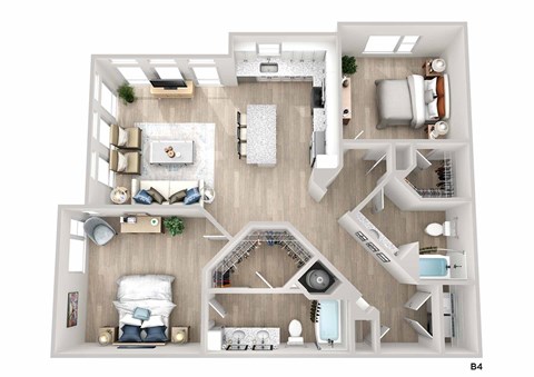 A top-down view of a modern apartment layout with a living room, kitchen, and bedrooms.