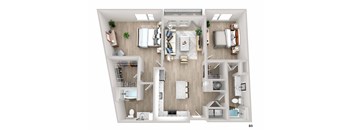 A top-down view of a well-organized apartment with a living room, kitchen, and bedrooms.