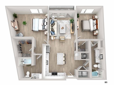 A top-down view of a well-organized apartment with a living room, kitchen, and bedrooms.