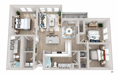 A 3D floor plan of a house with multiple rooms and furniture.