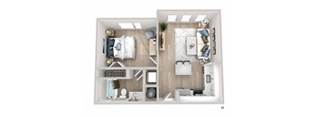 A top-down view of a well-furnished bedroom and bathroom.