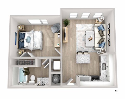 A top-down view of a well-furnished bedroom and bathroom.