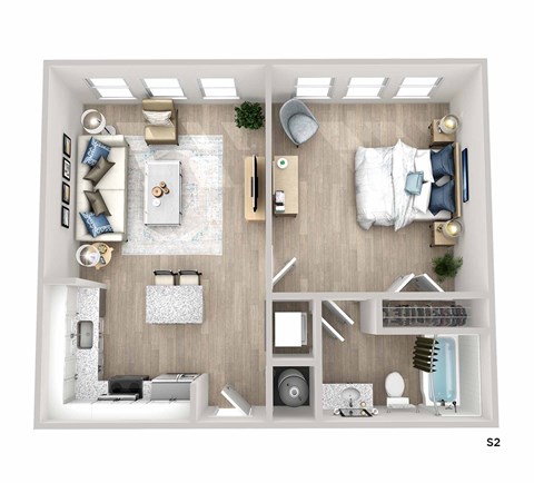 A top down view of a modern bedroom and living room.