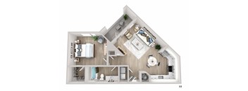 A top-down view of a house layout with a living room, kitchen, and bathrooms.