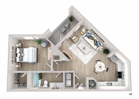 A top-down view of a house layout with a living room, kitchen, and bathrooms.